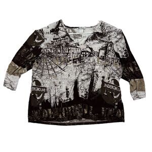 Woman's Black White Floral Blouse Top Formal Shirt Old Western Theme VTG SZ 2XL